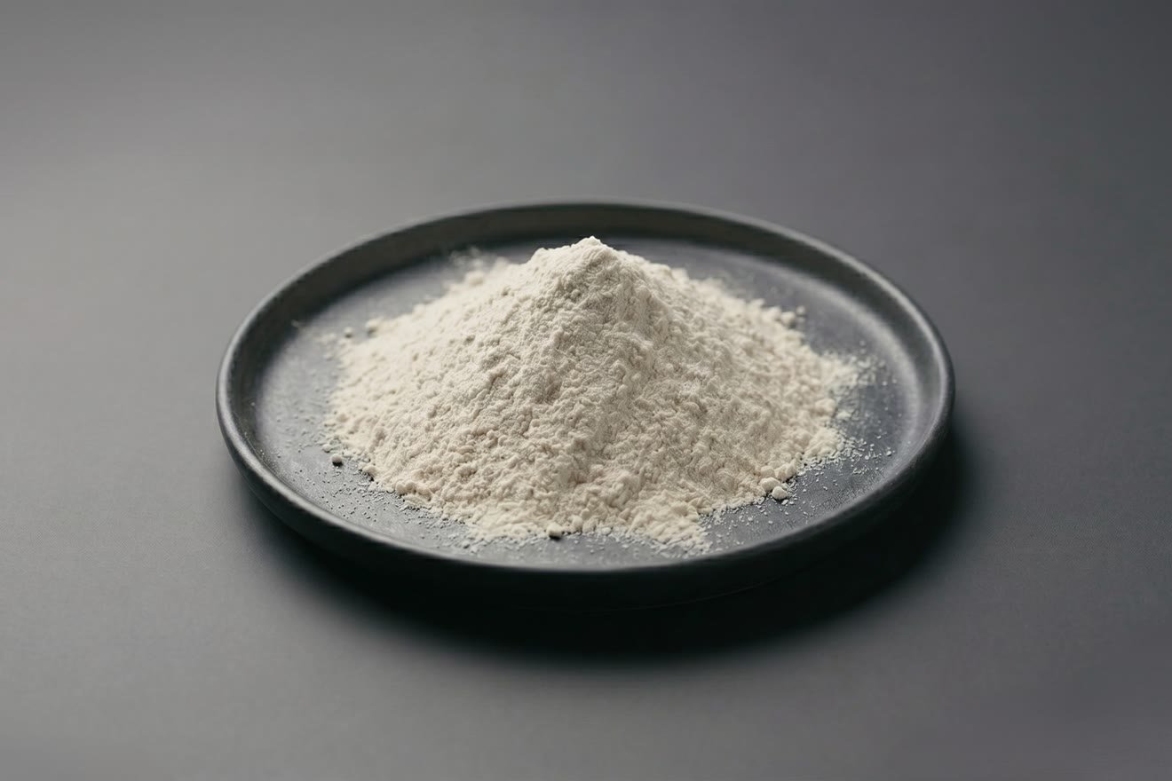 Tara anti-moisture powder, off-white high-activity desiccant powder on a dark plate
